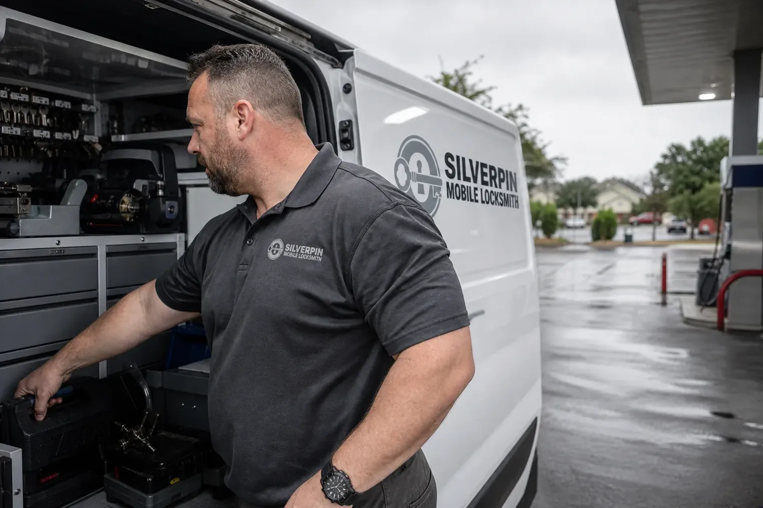 The Silverpin Mobile Locksmith service van, stocked for lockouts and key cutting in Daytona Beach